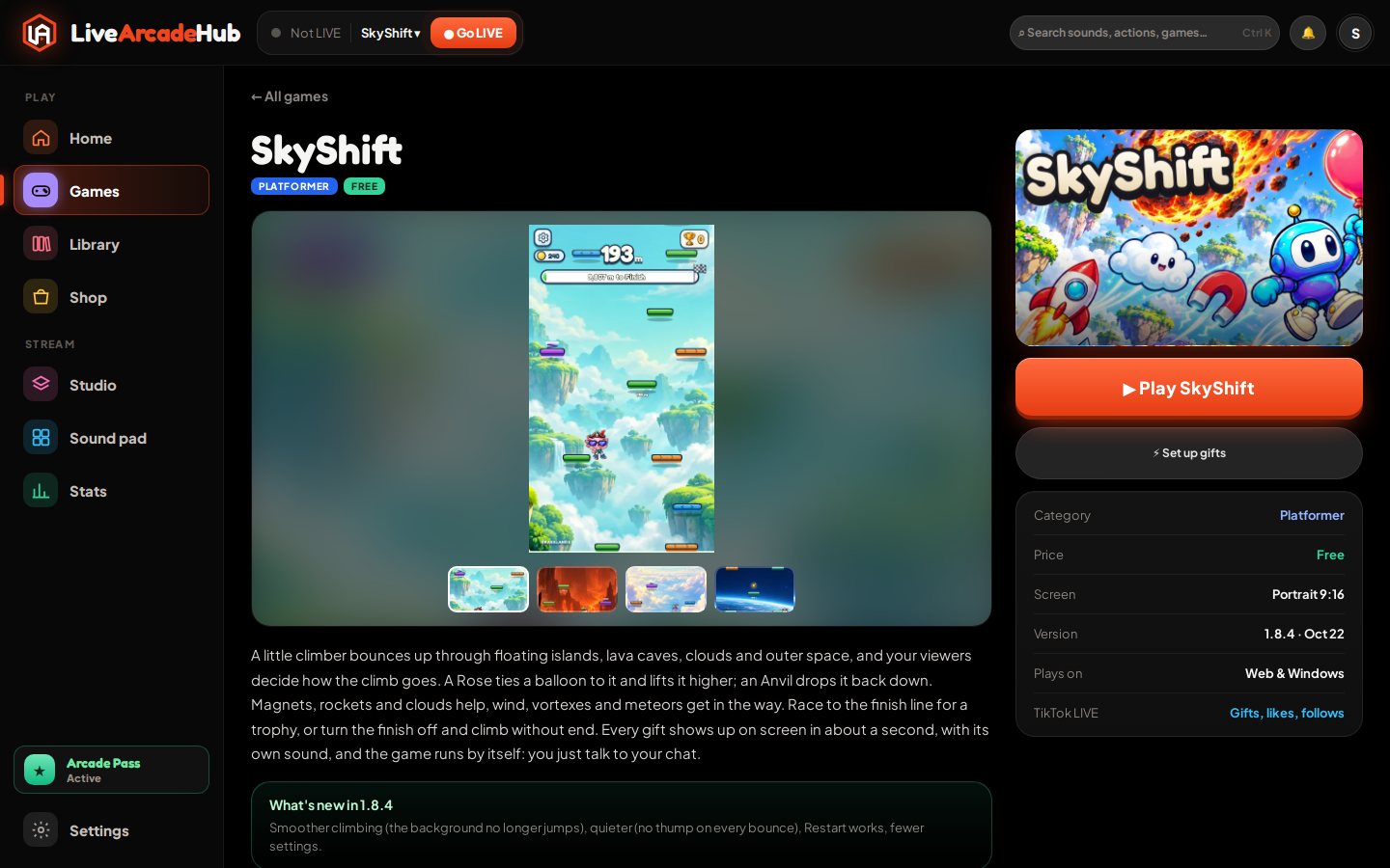A game page with pictures, features and what viewers can do.