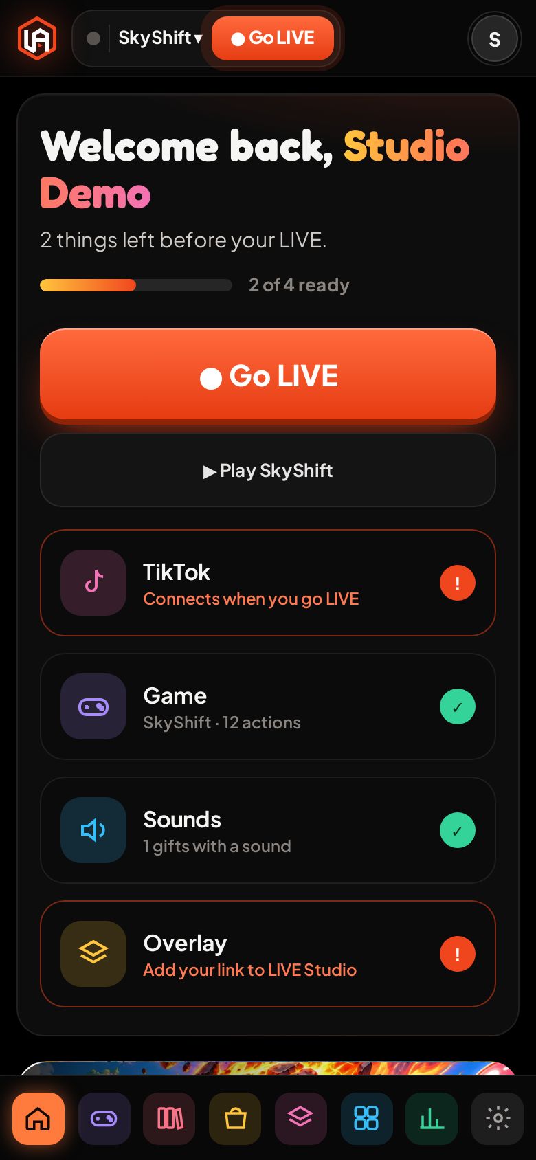 The LiveArcadeHub app on a phone: welcome back, tonight’s checklist and Go LIVE.